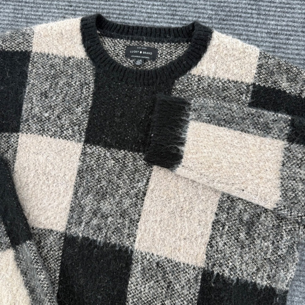 Lucky Brand Womens Large Buffalo Plaid Wool Blend Crewneck Sweater Black Cream L